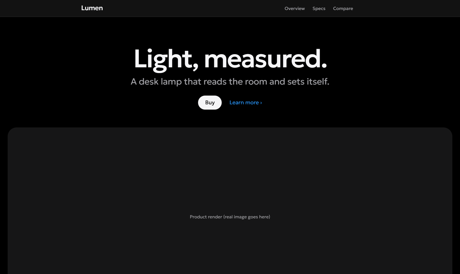 Product page in the default style: black canvas, light headline, one white pill button