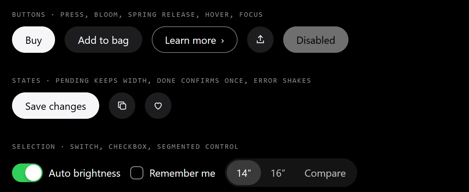 Interaction kit bench: buttons, async states, a switch, a checkbox and a segmented control